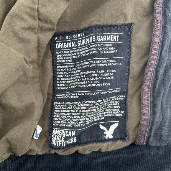 Vintage y2k Men's Black American Eagle Military Faux Fur Hoodie Sweatshirt Sz S - Picture 11 of 12